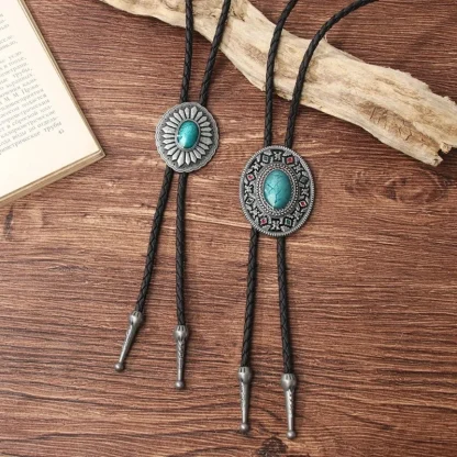 Oval Shaped Bolo Tie with Embossed Retro Design - Image 2