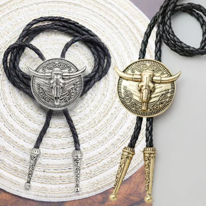 Embossed Bull Head Bolo Tie with Round Shape - Image 2