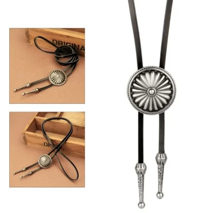 Embossed Floral Design Round Bolo Tie - Image 2