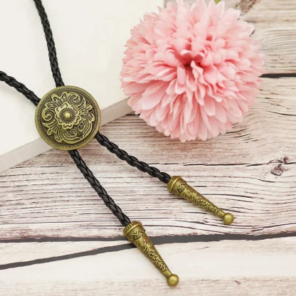 Round Bolo Tie with Vintage-style Floral Embossed - Image 3