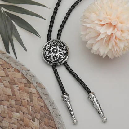 Round Bolo Tie with Vintage-style Floral Embossed - Image 2